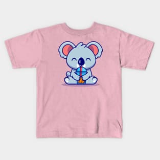 Cute Koala Drink Boba Milk Tea Cartoon Kids T-Shirt